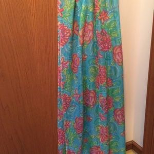 Lily Pulitzer colorful turquoise and pink floral print silk and cashmere scarf